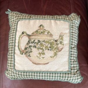 Green and Cream Teapot Decorative Pillow